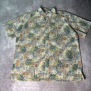Reyn Spooner Art of Eddy Y Mens XXL Hawaiian Shirt Tribal Petroglyph Print Blue